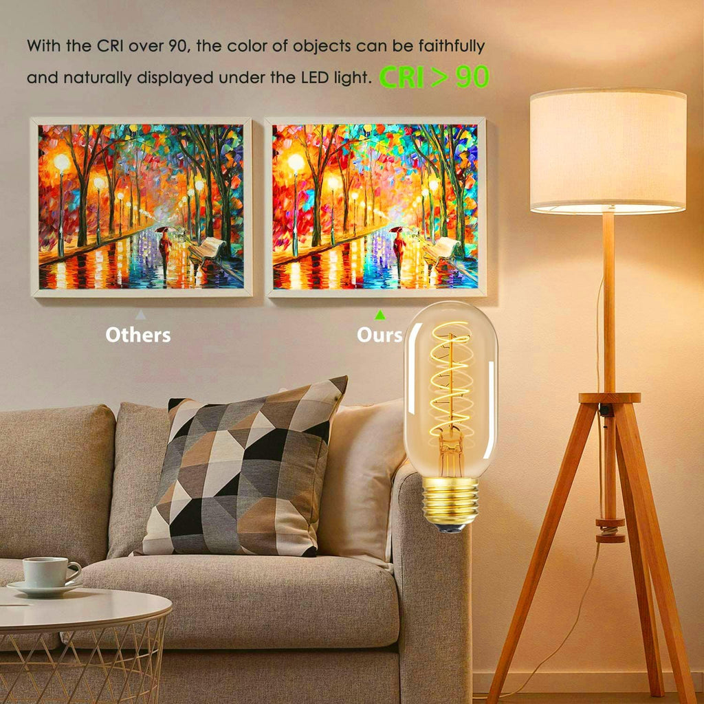 Vintage LED Spiral Filament Bulb T14, E26 Base, 4W Equivalent, 40W Warm White, 2200K, Dimmable, AC120V, 400LM, Amber