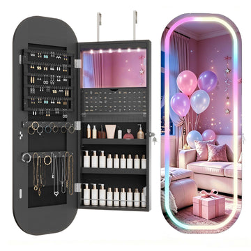 LED Mirror Jewelry Cabinet, Jewelry Organizer, Wall or Door Mounted, Black