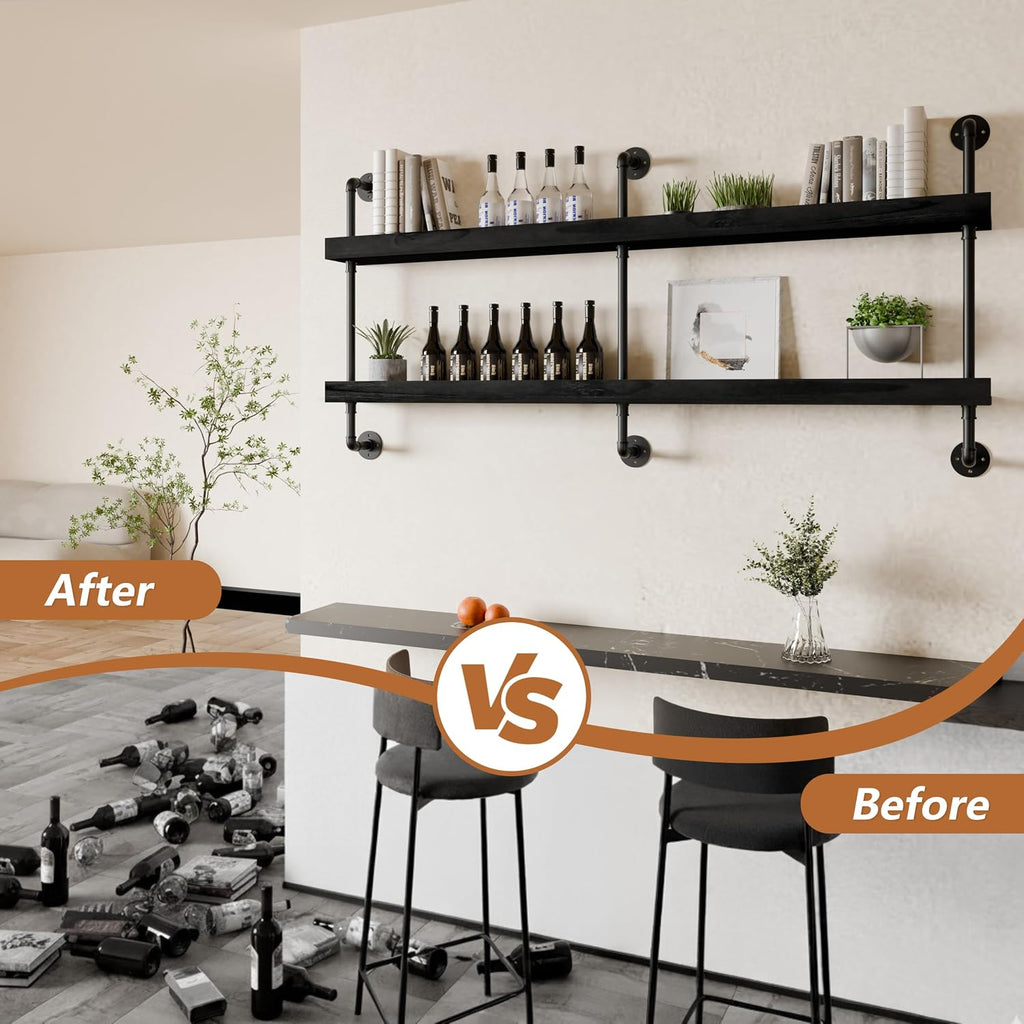 Bar Shelves, Wall Mounted Wine Rack, Black, 60 Inch | 2 Tier, Industrial style, Solid pine shelves, black pipe