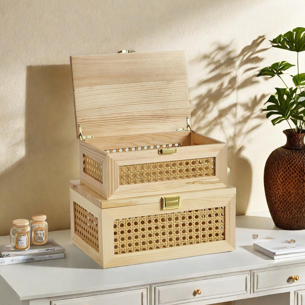 2PCS Decorative Rattan Storage Box Basket with Lid Wooden Frame