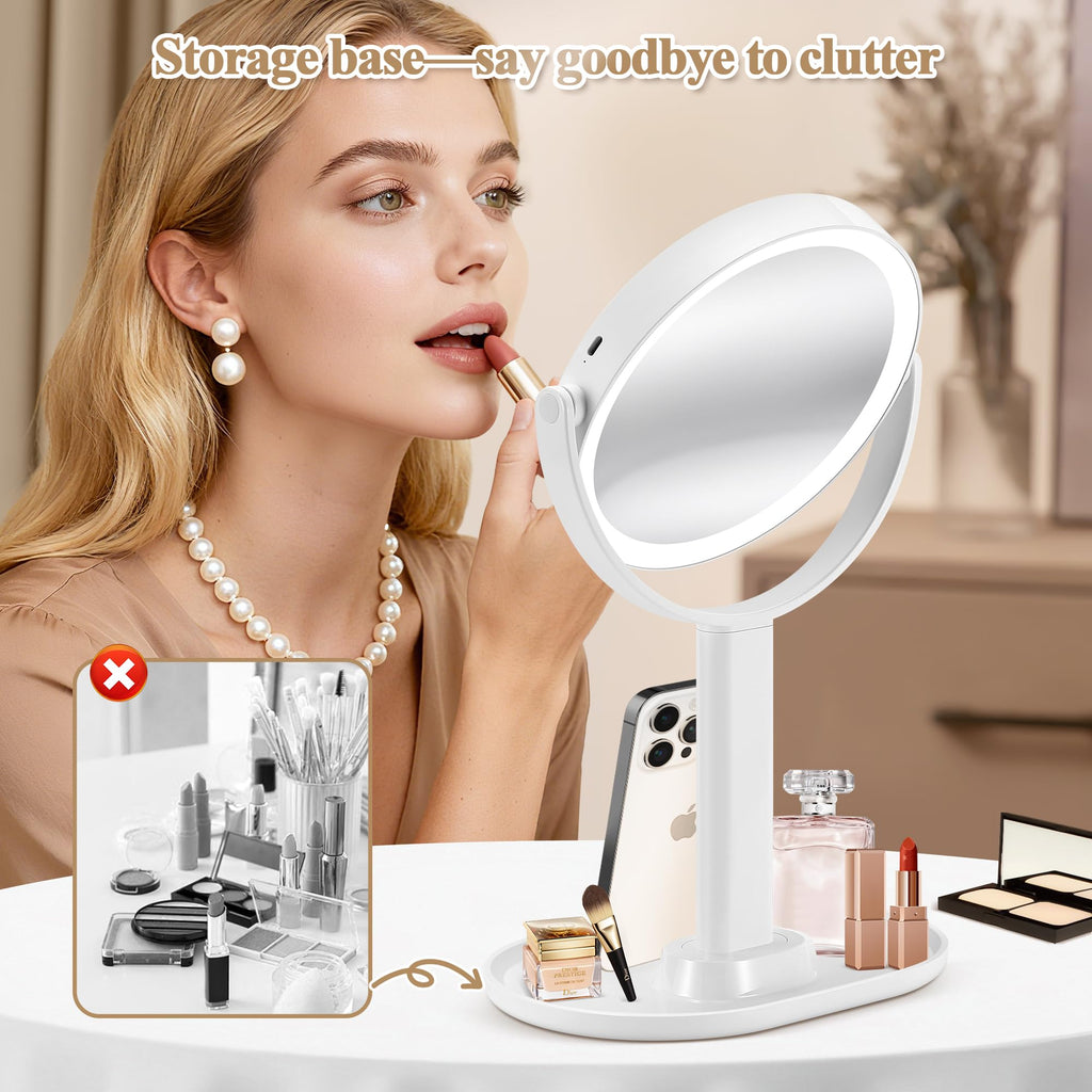 Makeup Mirror with Lights, 20X Magnifying Mirrors, Height Adjustable, Vanity Mirror with Lights Rechargeable 3 Color