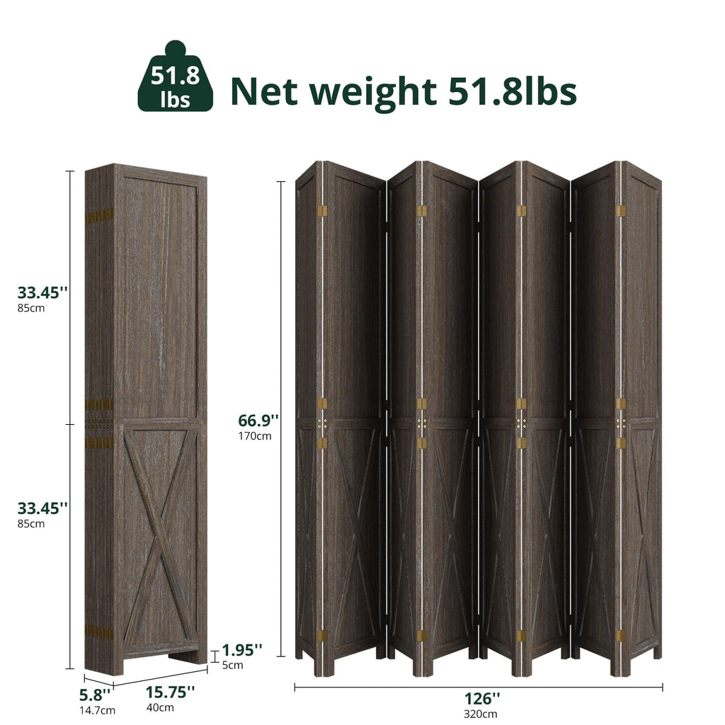 8 Panel Folding Room Divider, Solid Wood Privacy Screen, Freestanding Partition Wall, Temporary Wall