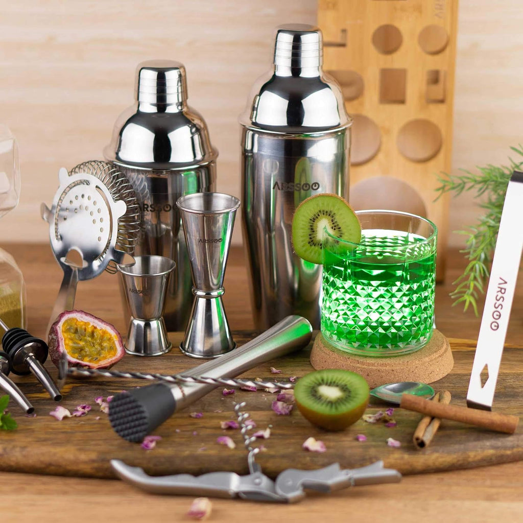 Mixology Bartender Kit 16-Piece Premium Stainless Steel Cocktail Shaker Set & Stylish Bamboo Stand | Perfect Home - Set of 15