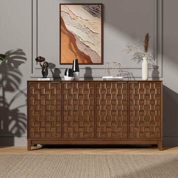 59" Fluted Sideboard Buffet Cabinet with Storage, Wood Buffet Table with 4 3D-Checkerboard Doors & Adjustable
