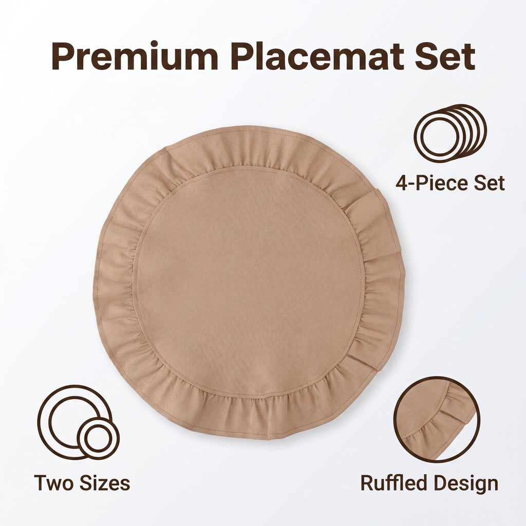 Round Ruffled Linen Blend Placemats, 15 Inch Scalloped Table Mats, Set of 4