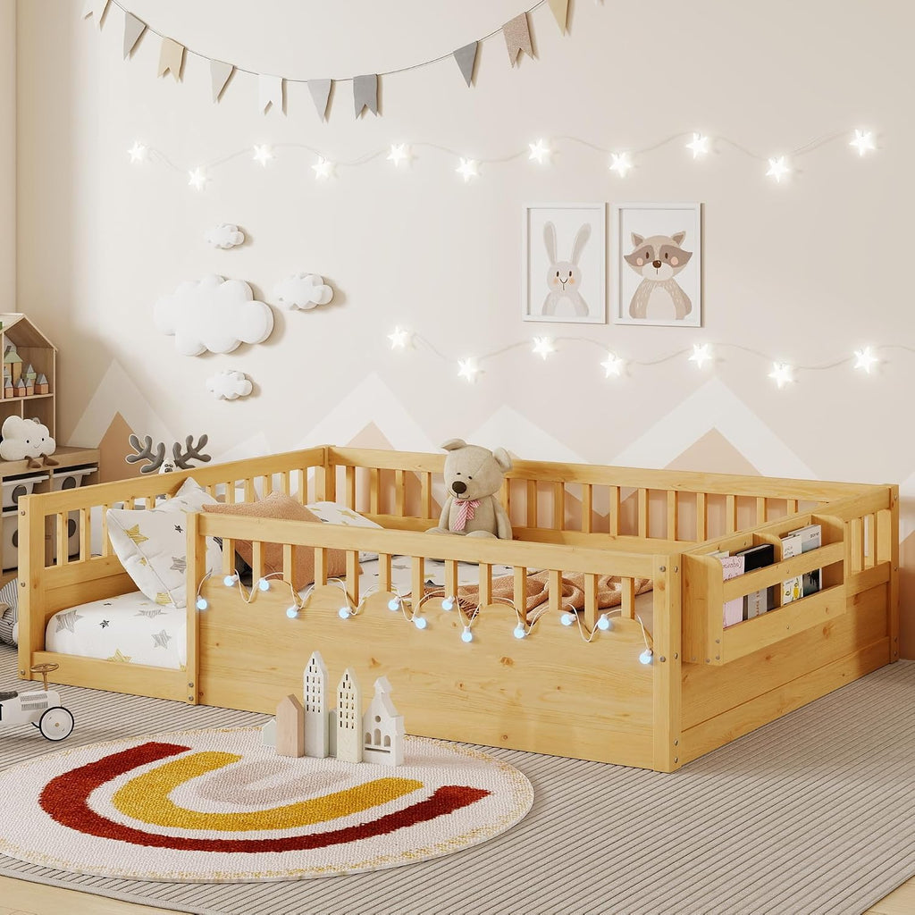 Floor Bed for Kids, Montessori Beds with High Fence Railings, Wood Playhouse Bed with Rails, Light &