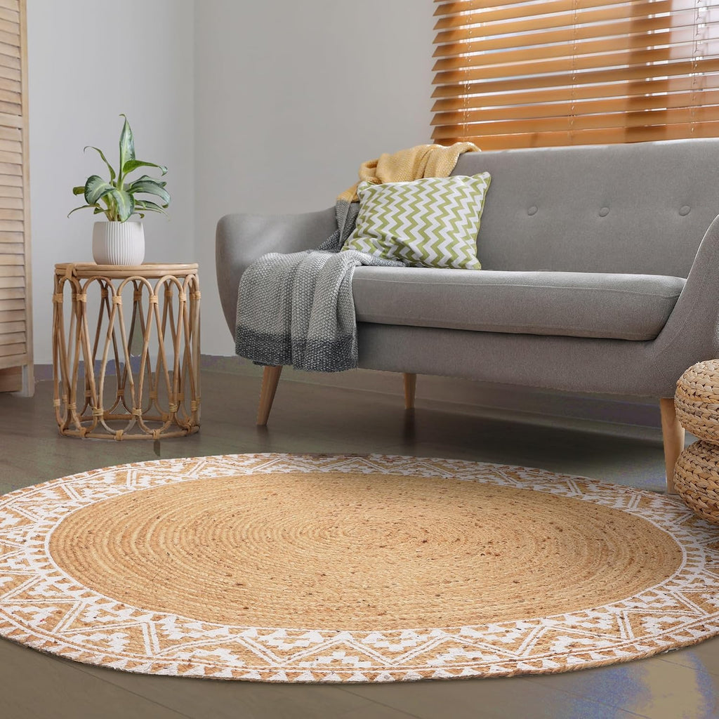 Premium Natural Jute Braided Area Rug, 6-feet Round, White Printed Border, Stain Resistance, Natural Handmade Rug s