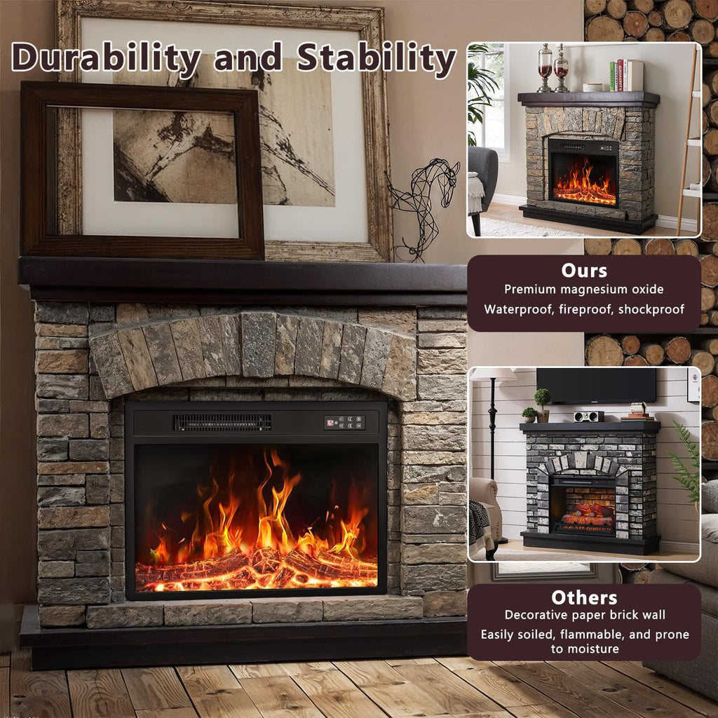 Electric Fireplace with Mantel, Realistic Stone Finish Freestanding Heater TV Stand, 3D Log Flame Effect with Remote