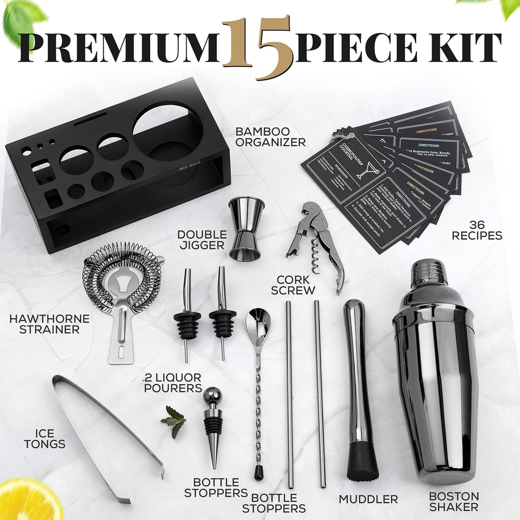 Black Stainless Steel Cocktail Shaker Set with Wood Stand - Bartender Kit with Drink Shaker, Bar Spoon - Set of 15