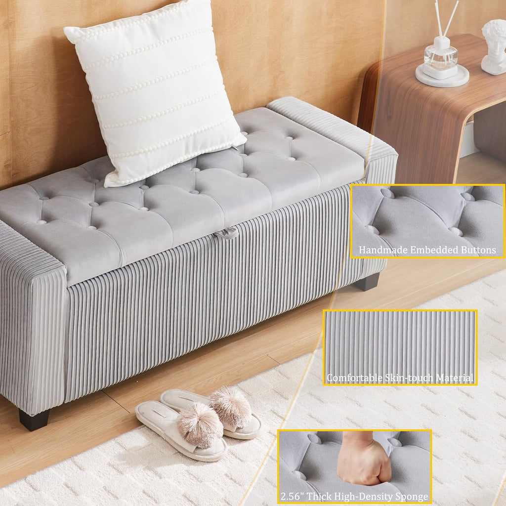 43 Inch Velvet End of Bed Storage Bench, Gray Ottoman with Storage | Storage Ottoman Bench, Safety Hinge, Holds 330