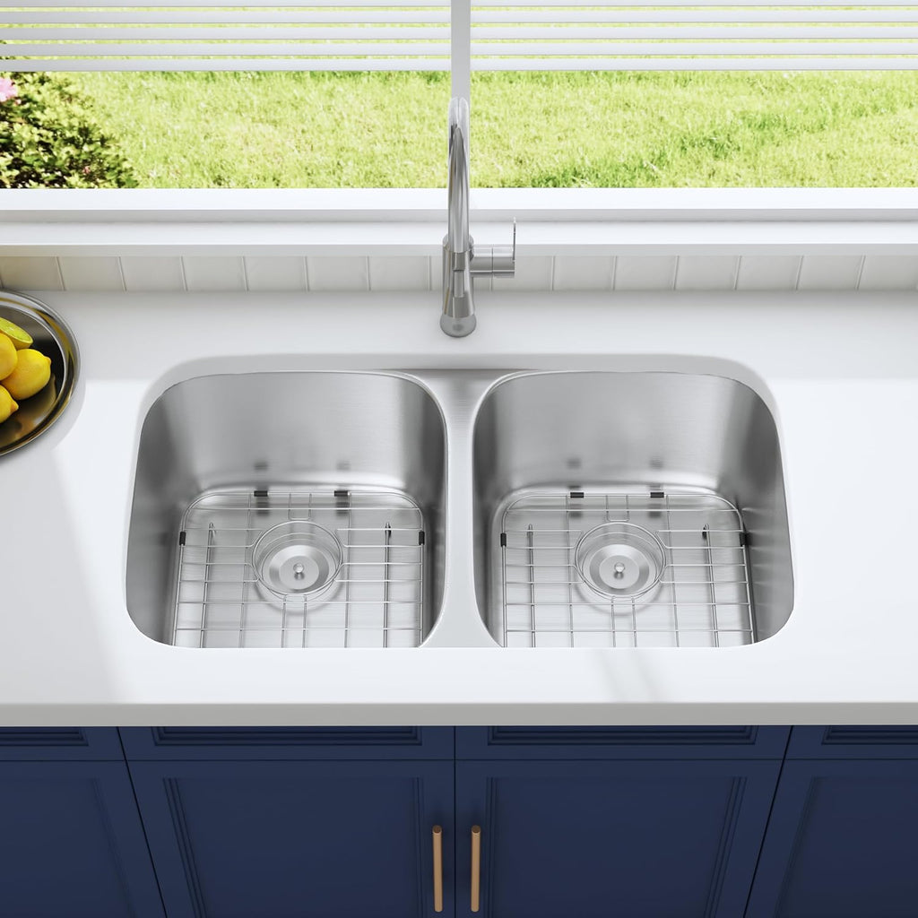 32 Inch Undermount 50/50 Double Bowl Kitchen Sink | 304 Stainless Steel, 18 Gauge Thickness, Large Capacity, Basket