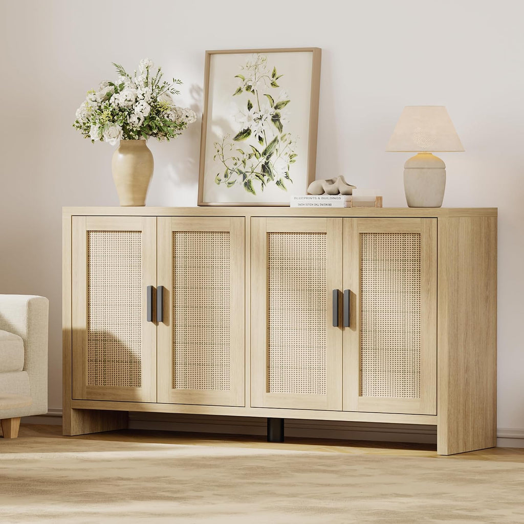 Rattan Buffet Cabinet with Storage, Sideboard with Doors, Console Table, Farmhouse Coffee Bar, Modern Wood Long