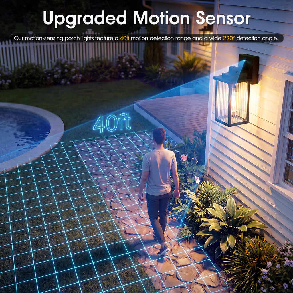 Motion Sensor Wall Light, Dusk to Dawn Outdoor Porch Light Black