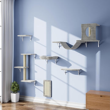 Wall Mounted Cat Furniture Set - 6 Pcs Climber Set with House, Bridge, Steps, Scratcher Board - DIY Walls Playground