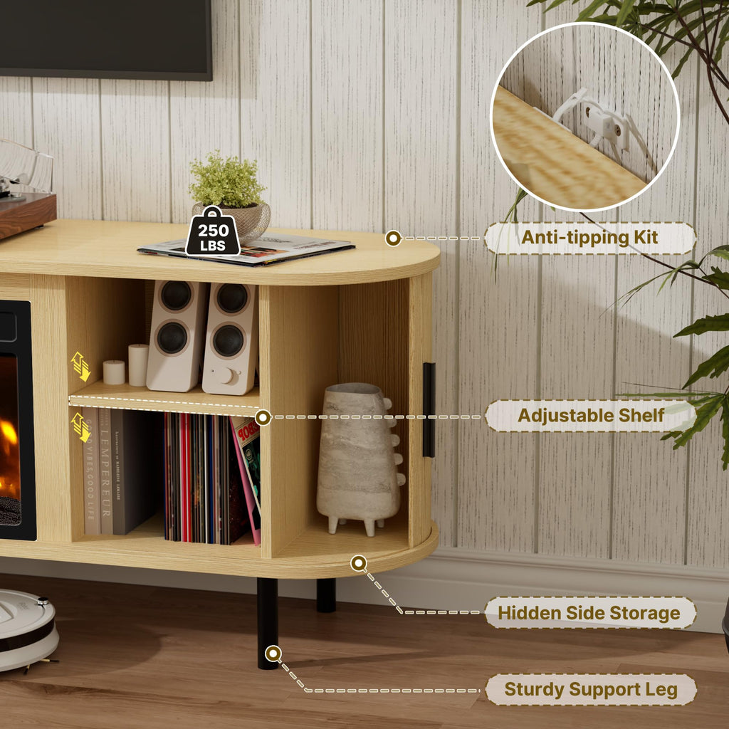 Fluted TV Stand with Fireplace, Modern Entertainment Center for TVs Up to 95 inch, Wood Media Console w/Sliding Door