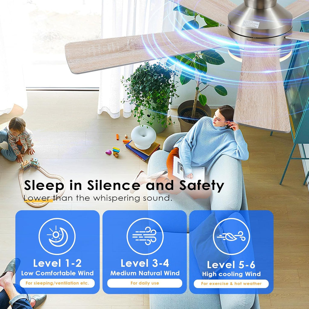 46IN Ceiling Fan with Lights and Remote/APP - Flush Mount Low Profile Ceiling Fan Light with 3CCT Dimmable, 6 Speeds Reversible, Modern Fan Light Fixture for Indoor, Covered Patios, Nickel A101-B0DKDY84QF