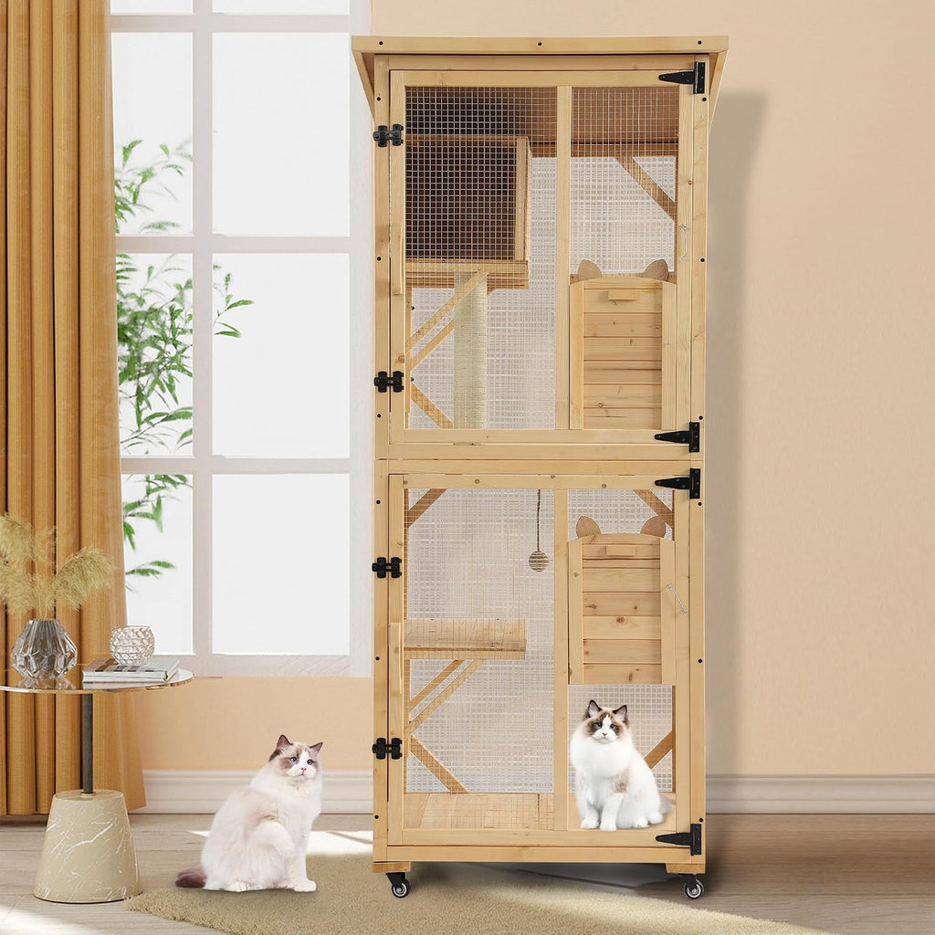 71" Catio Outdoor Cat Enclosure Window Access, Original Wood