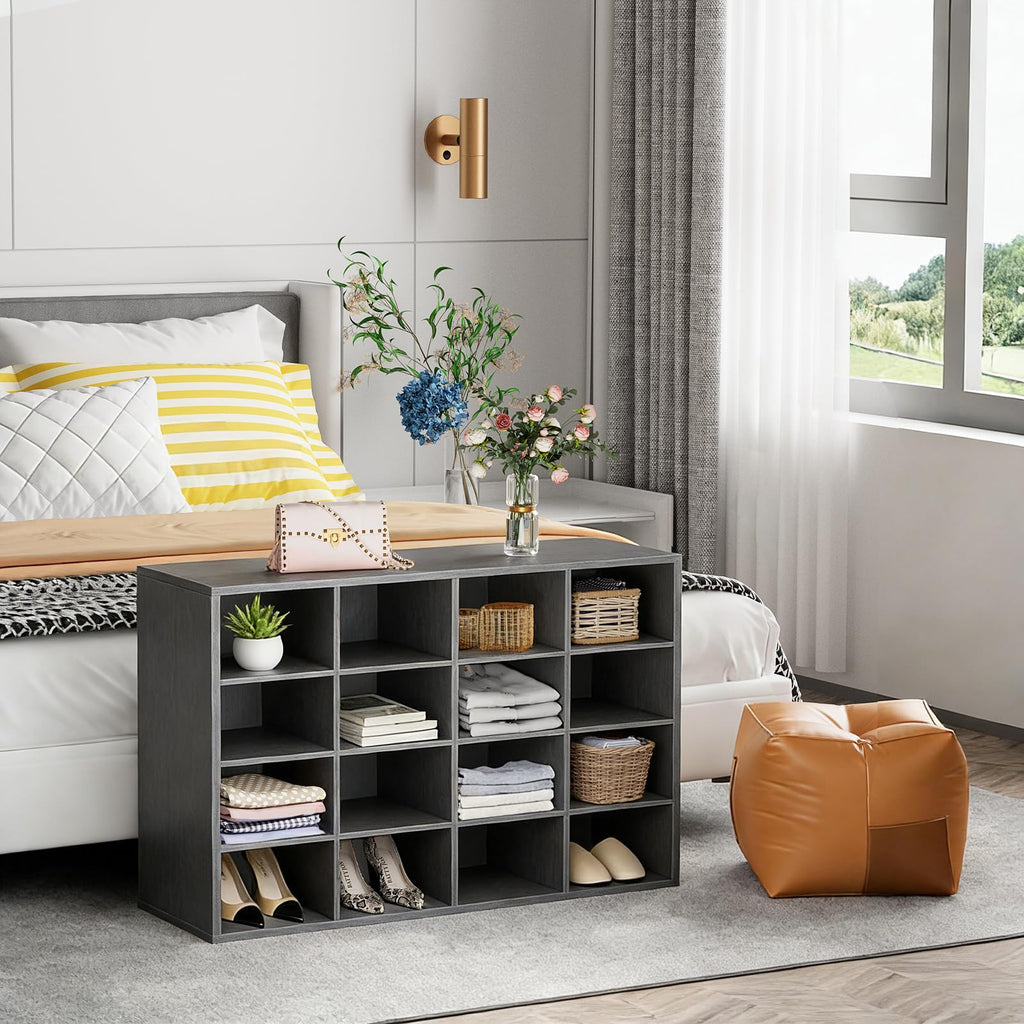 Shoe Storage Bench, Cubby Shoe Rack with 16 Cubbies, 4-Tier Wood Shoe Rack Organizer, Shoe Organizer Cabinet, Closet