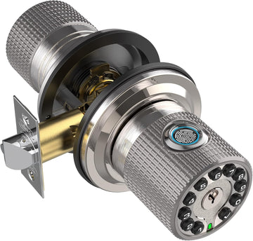 Fingerprint Door Knob with Keypad and Key,Smart Biometric Digital Lock with Voice Navigation Programming,Combination