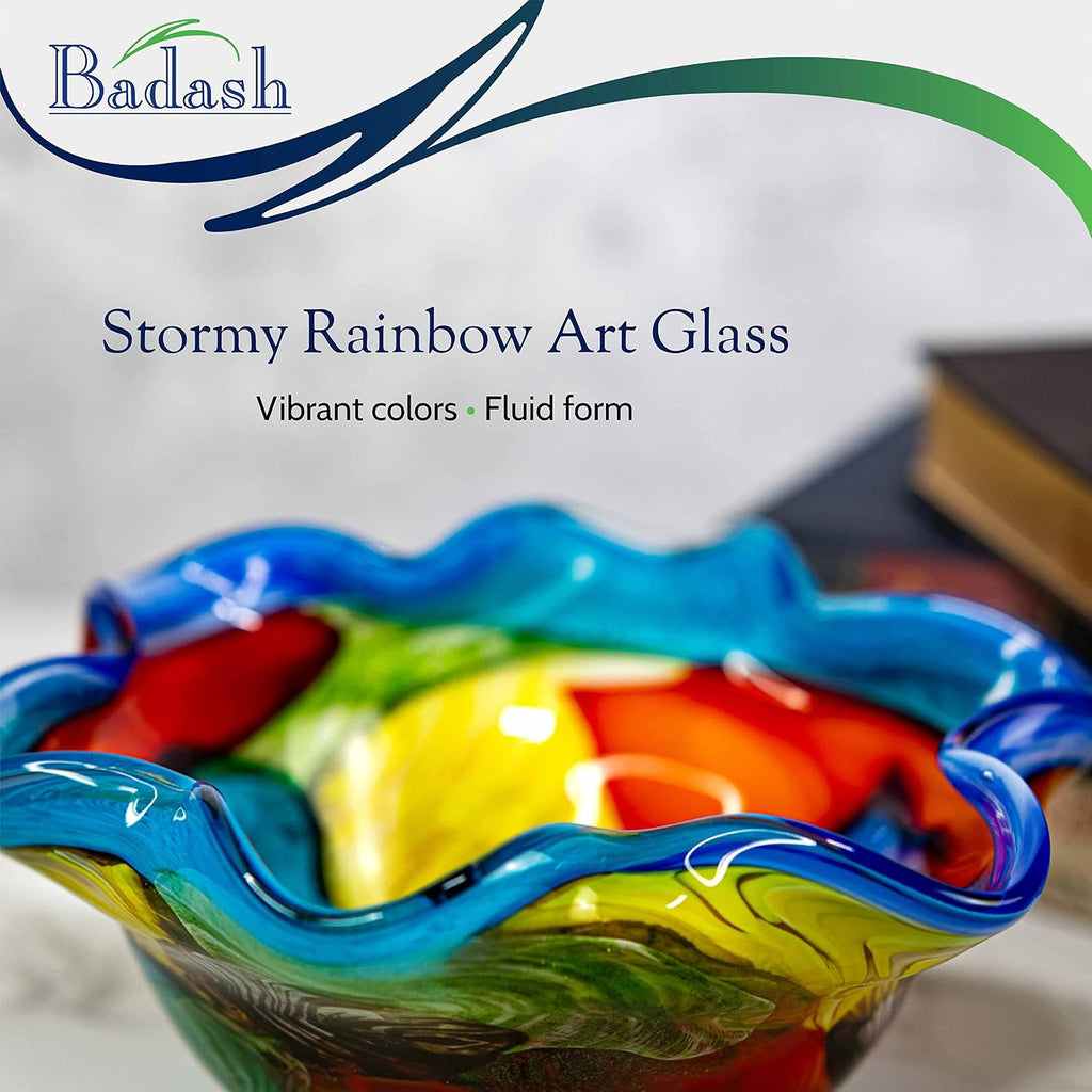 Stormy Rainbow Art Glass - Murano-Style Art Glass Bowl Centerpiece - 8" Mouth-Blown Glass Bowl - Decor Bowl