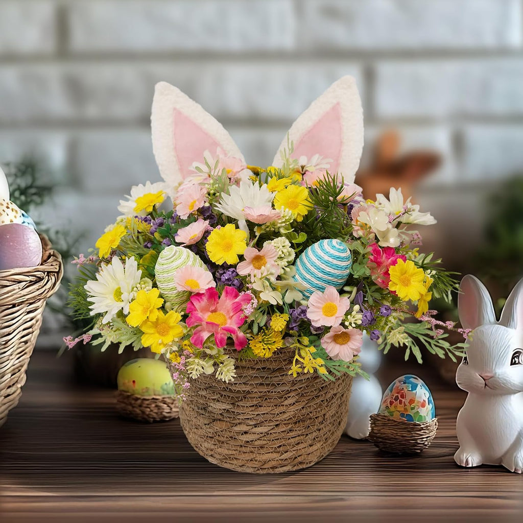 Easter Bunny Basket with Fluffy Bunny Ears - Spring Table Centerpiece with Woven Rattan Eggs & Flowers, Farmhouse