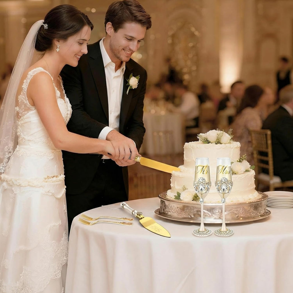 Wedding Cake Cutting Set, Luxury Handcrafted Crystal Champagne Flutes with Gold Petal Rhinestones and Pendant