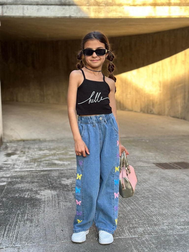 Girls Jeans Denim Elastic Wasit Wide Leg Baggy Pants Kids Clothes