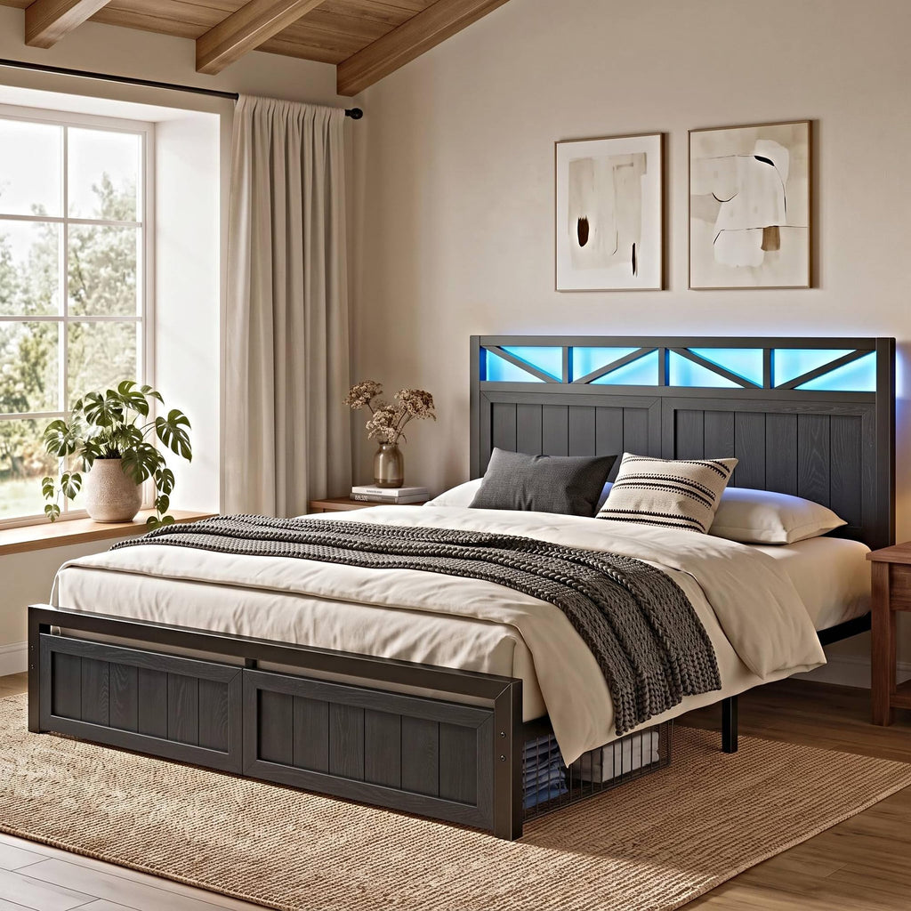 Farmhouse Bed Frame, 2 Storage Drawers, LED & Charging, Black