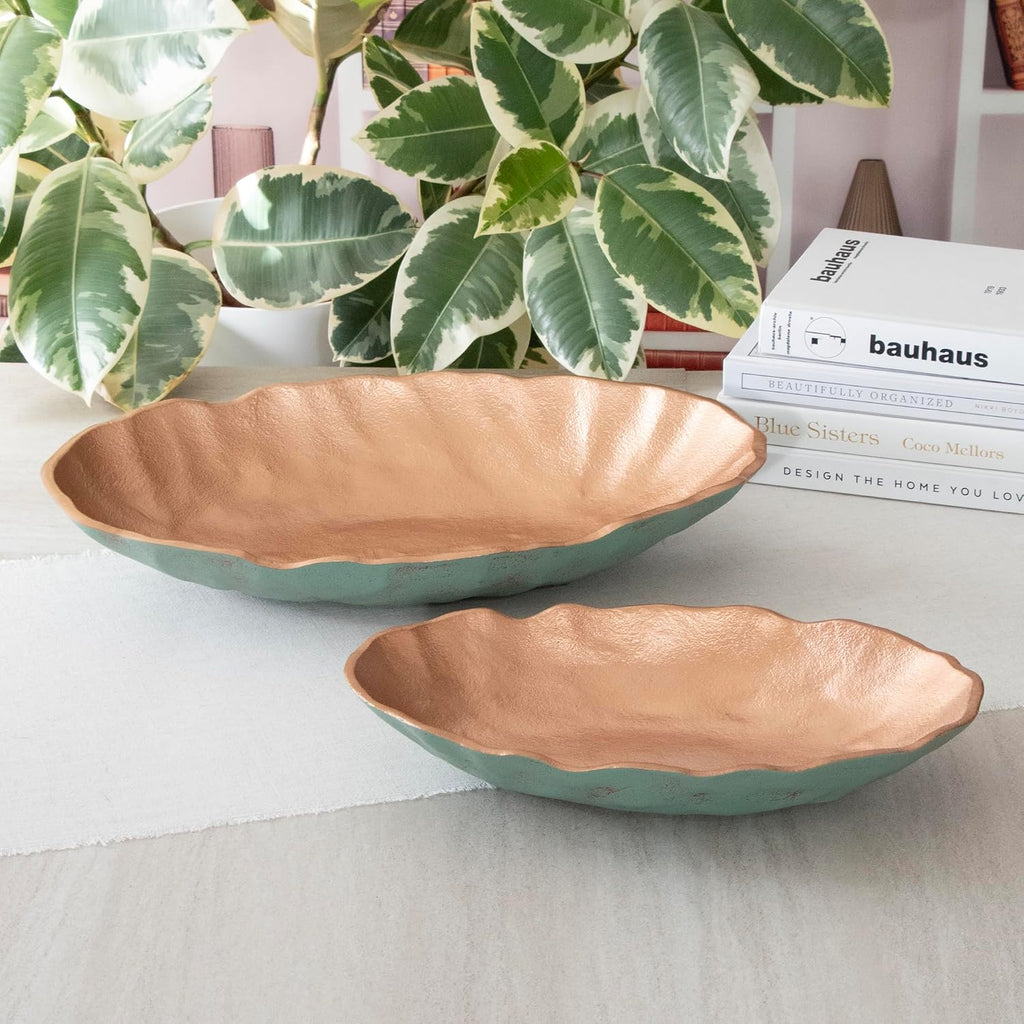 Turquoise Copper Finish Metal Decorative Oval Bowls for Potpourri, Table Decor - Set of 2
