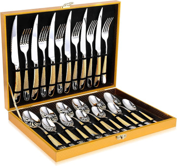 Hammered Silver Gold Silverware Set, 24-Piece 18/10 Stainless Steel Flatware Set, Service of 6