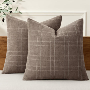 Linen Plaid Pillow Covers Fall Decorative 20x20 Taupe