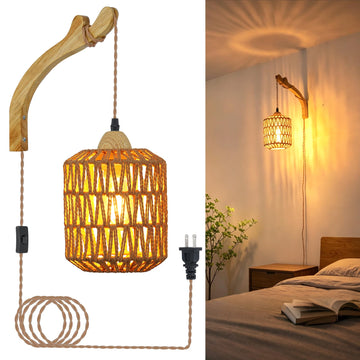 Rattan Wall Lamp with Plug in Cord Hand Woven Plug in Wall Sconces Paper Rope Wall Light Farmhouse Wall Sconce Wall