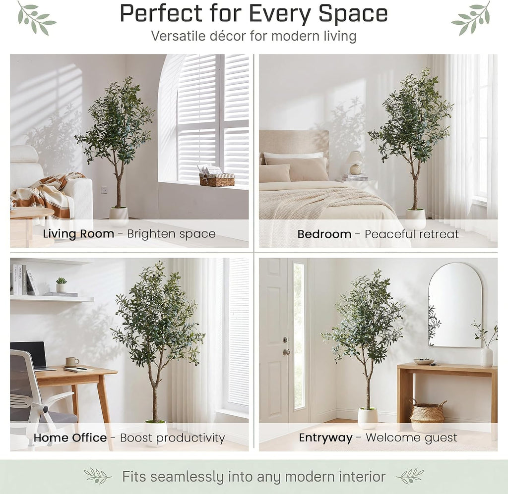 6ft Artificial Olive Tree Indoor with Modern Weighted Planter, Realistic Faux Olive Tree with Wood Trunks, Lifelike