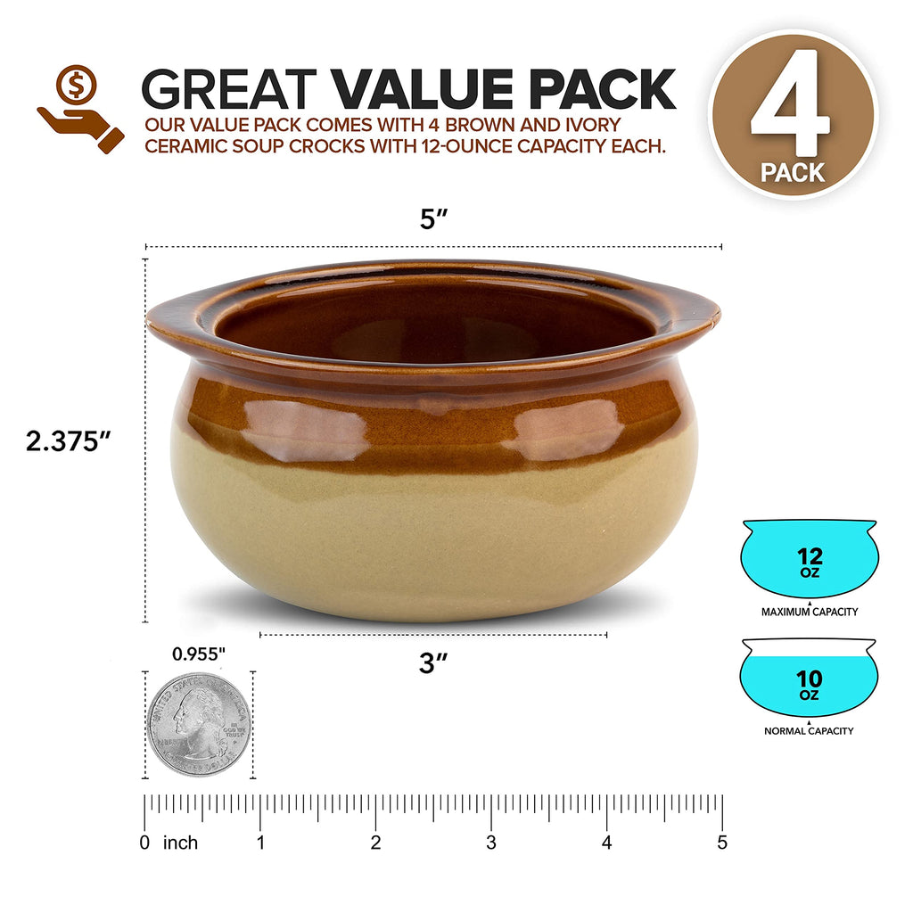 12 oz French Onion Soup Crock (4 Pack) -Two-Toned Brown & Ivory Porcelain Soup Bowls -Oven Safe Soup Bowls -Microwave