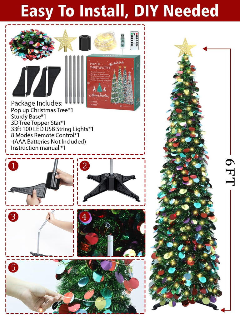 6 FT Pop Up with 100 LED Timer Lights & Remote, Green Christmas Tinsel Tree, Collapsible Artificial Pencil Tree Party
