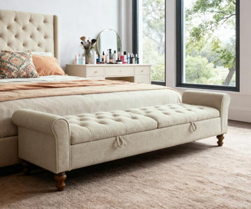 Storage Bench , 65.2'' Tufted End of Bed King Size Upholstered Extra-Long Bench with Dual Flip-Top Lids , Cloakroom