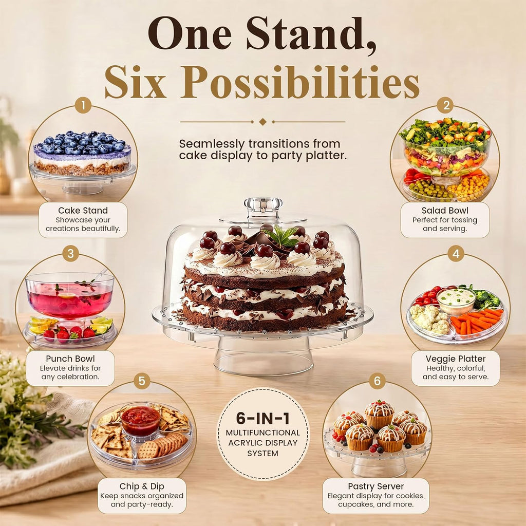 12" Extra Large 6-in-1 Acrylic Cake Stand with Dome Lid, Multifunctional Serving Platter for Cookie, Fruits, Punch