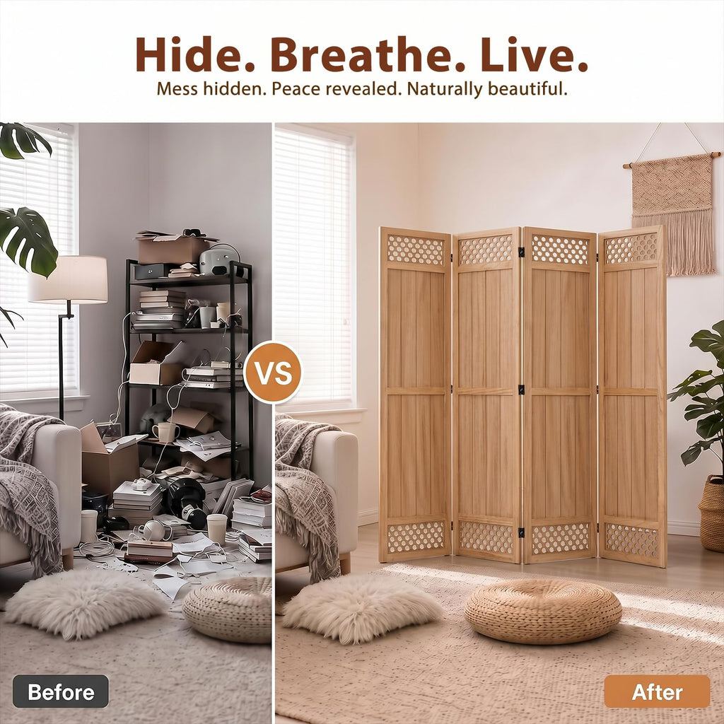 Wood Room Divider Privacy Screen, Natrual Carved Room Divider 4 Panel 67"