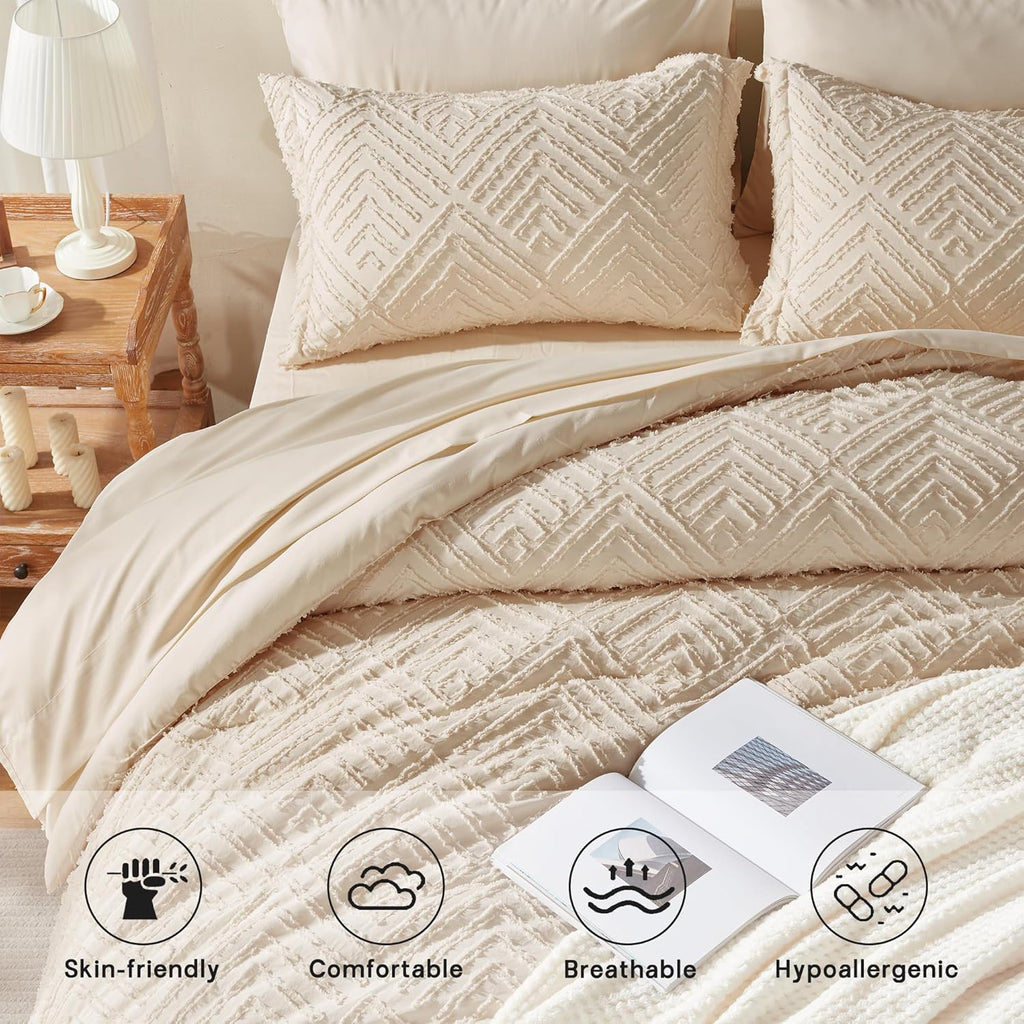 King Comforter Set 7 Pieces, Beige Tufted Bed in a Bag with Comforter and Sheets