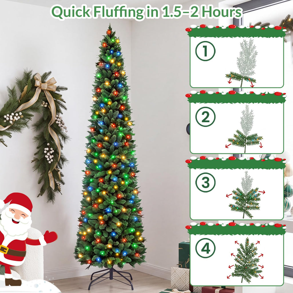 9 ft Pre-Lit Pencil Christmas Tree, Multicolor LEDs, Green