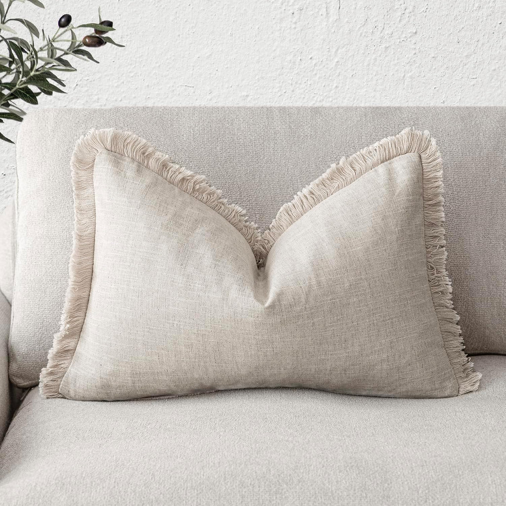 Decorative Linen Fringe Lumbar Throw Pillow Covers Cozy Boho Farmhouse Cushion Cover with Tassel Soft Accent