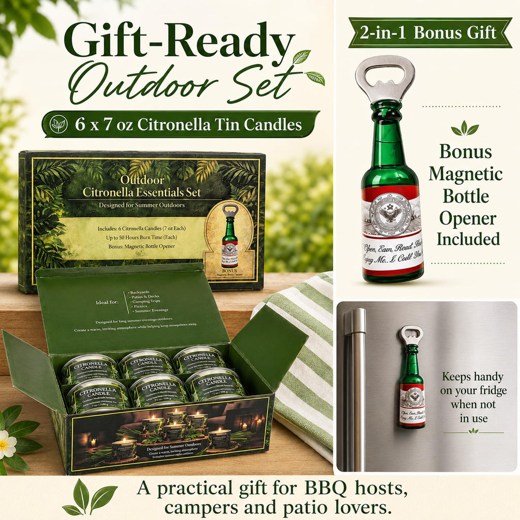 Citronella Candles Outdoor, 6 Pack 42 oz Soy Wax Tin Candles with 7% Citronella Oil, Bonus Magnetic Bottle Opener, Up