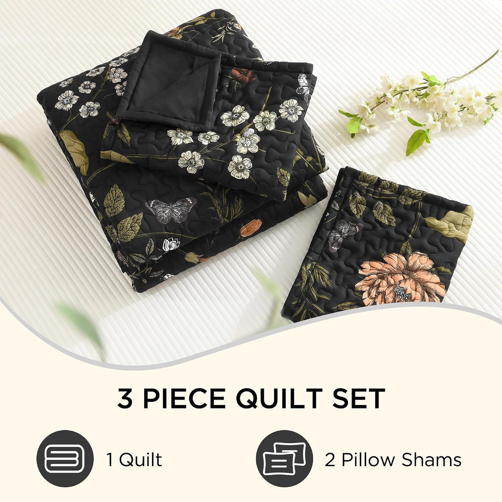Floral Black Quilt Queen - 3 Pieces Botanical Birds Pattern Quilt Bedding, Lightweight Soft Coverlet for All Seasons