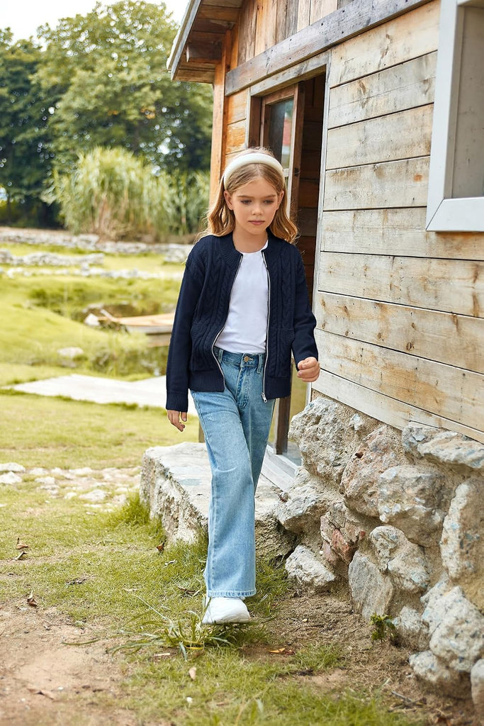 Girls Zipper Knit Sweater Cardigan School Uniform Jacket