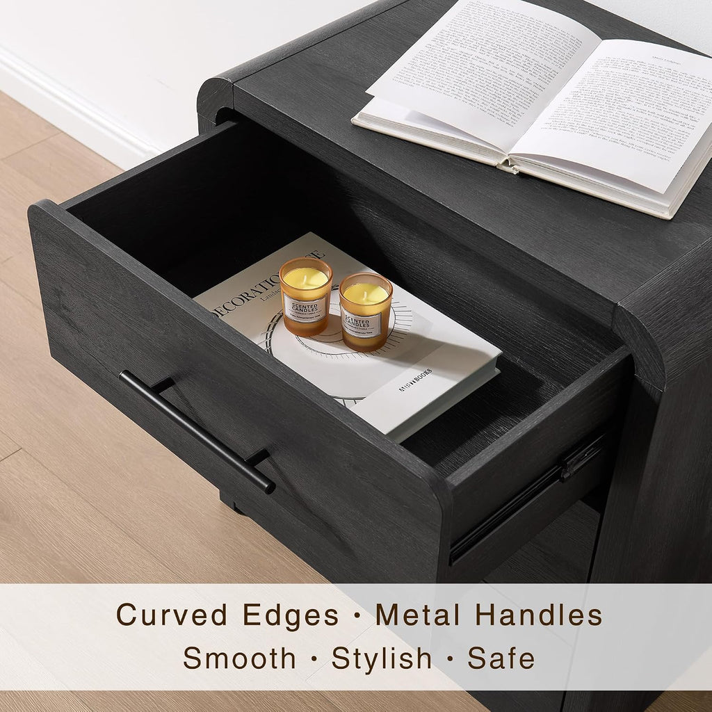 Nightstand Set of 2, 23.6" Modern Curved Nightstand with 3 Drawers, Wood Bedside Table , Large Storage End Table