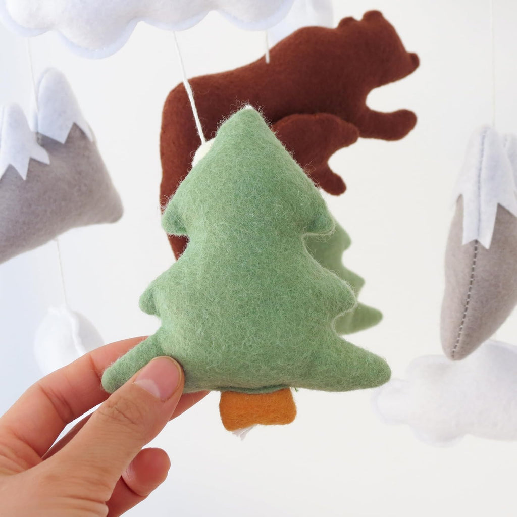 Woodland Bear Baby Mobile for Crib - Neutral Felt Mounta Decor | Hand-Stitched Hanging Toys for Boy & Girl Baby