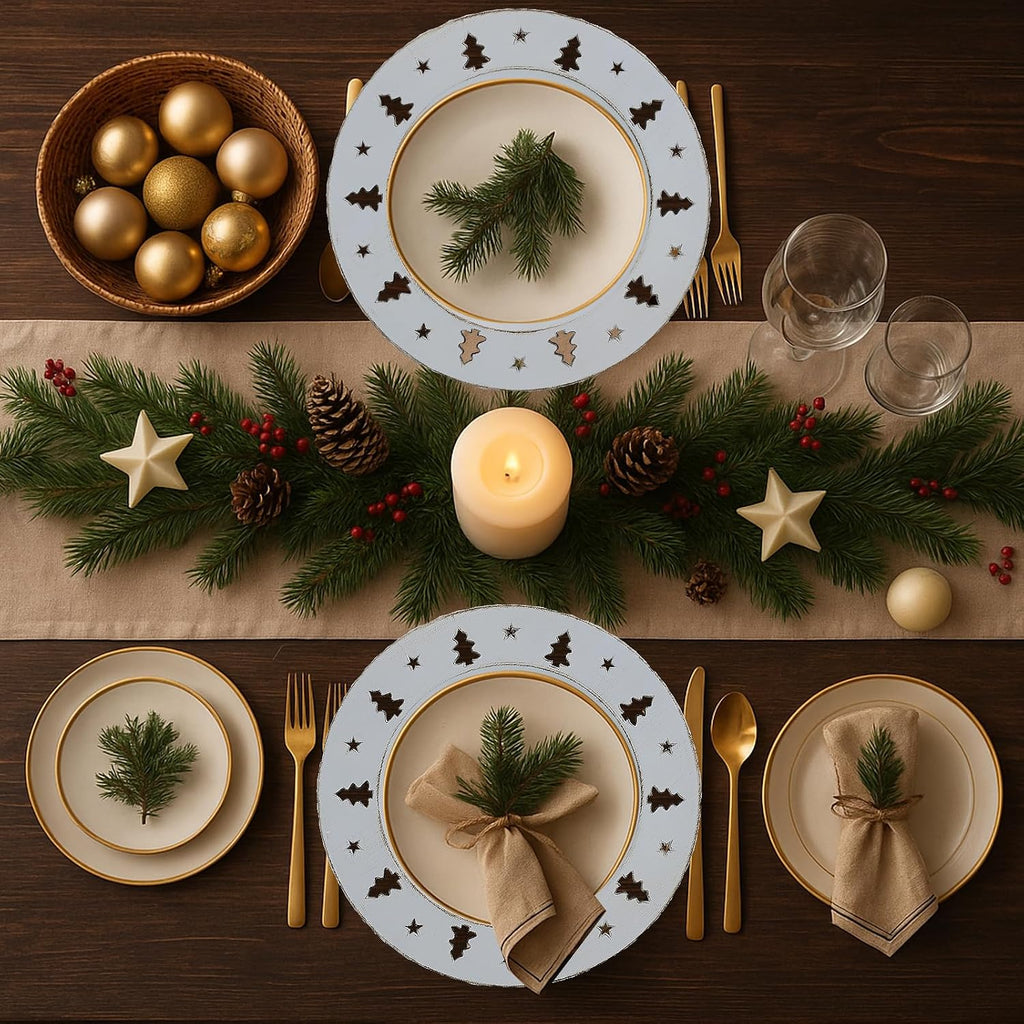 Christmas Tree White Charger Plates, 13 Inch Set of 6 Chargers for Dinner Plates, Parties, Holiday Table Setting, HB9W