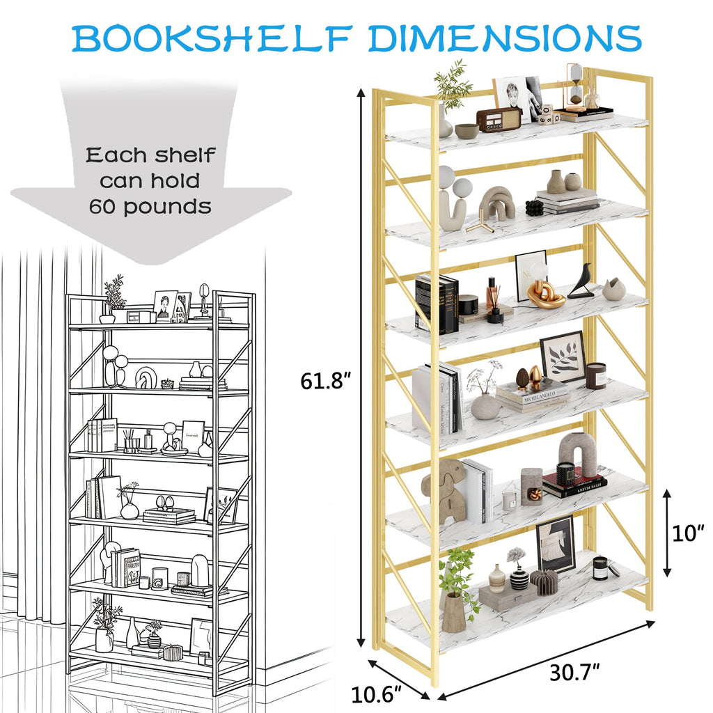 6 Tier No Assembly Folding Bookshelf, 30.7" Wide Foldable Storage Bookcase, Space-Saving Storage Shelf (White&Gold)