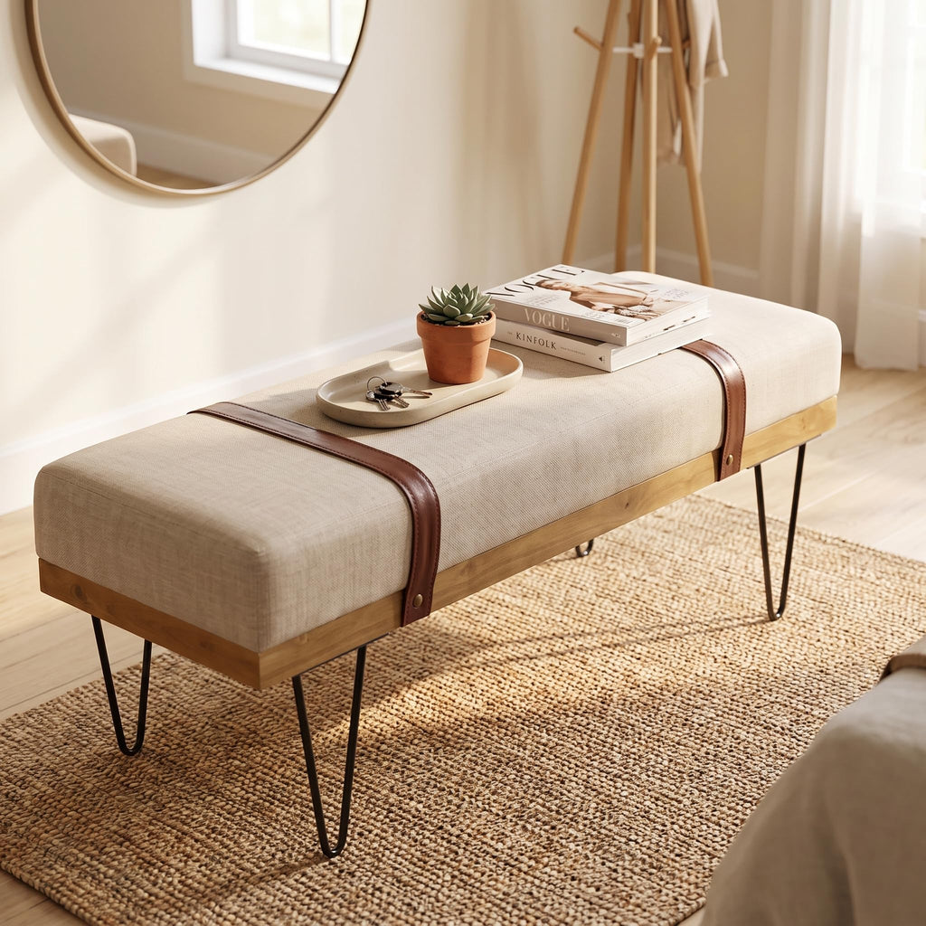 Industrial Modern Linen Rectangle Ottoman Bench, Beige