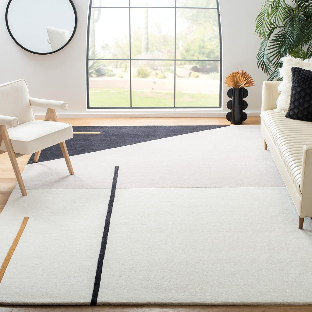 Fifth Avenue 10' x 14' Ivory/Black Handmade Mid-Century Modern Abstract New Zealand Wool Dining Area Rug